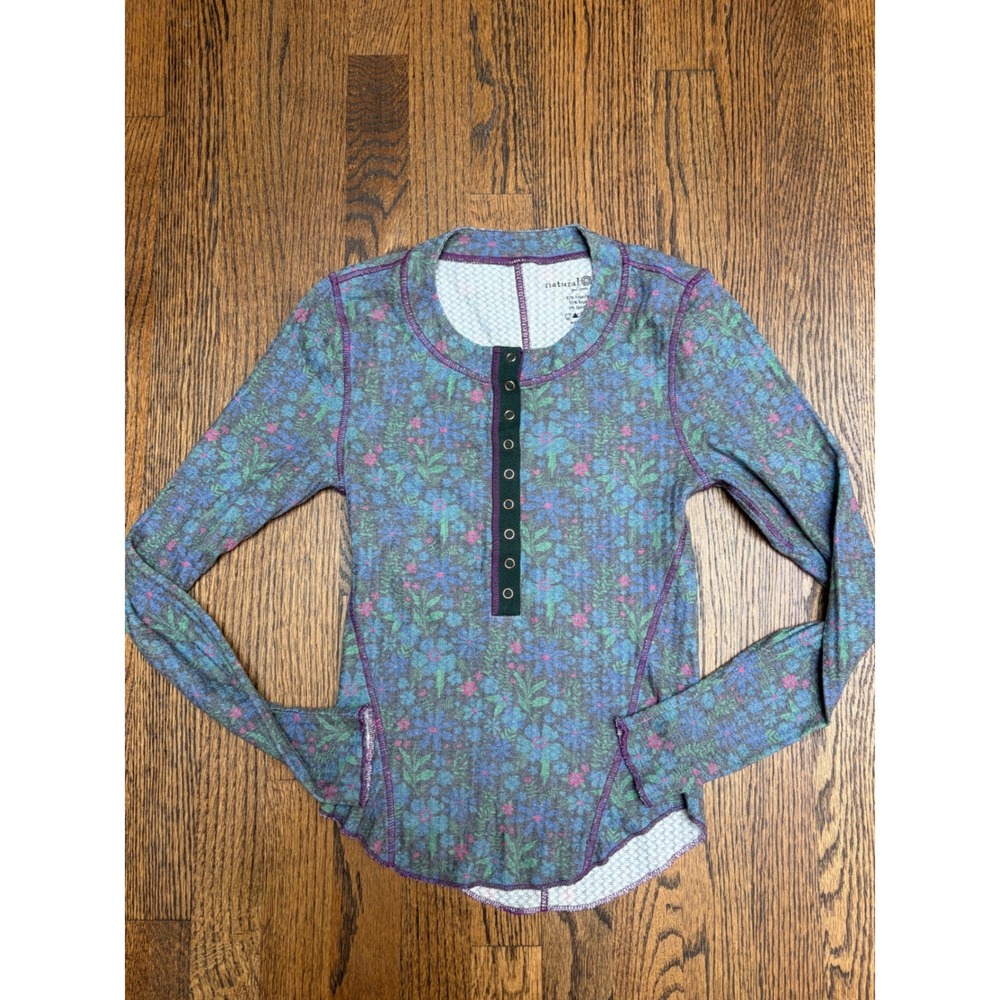 Natural Life Reagan Henley Top Womens XS Blue Floral Thermal Cottagecore Boho